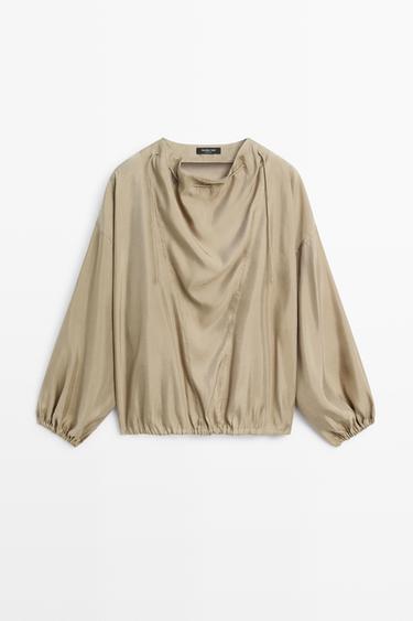 Zara Fluid blouse with neck drawstring detail - Stone - Image 0