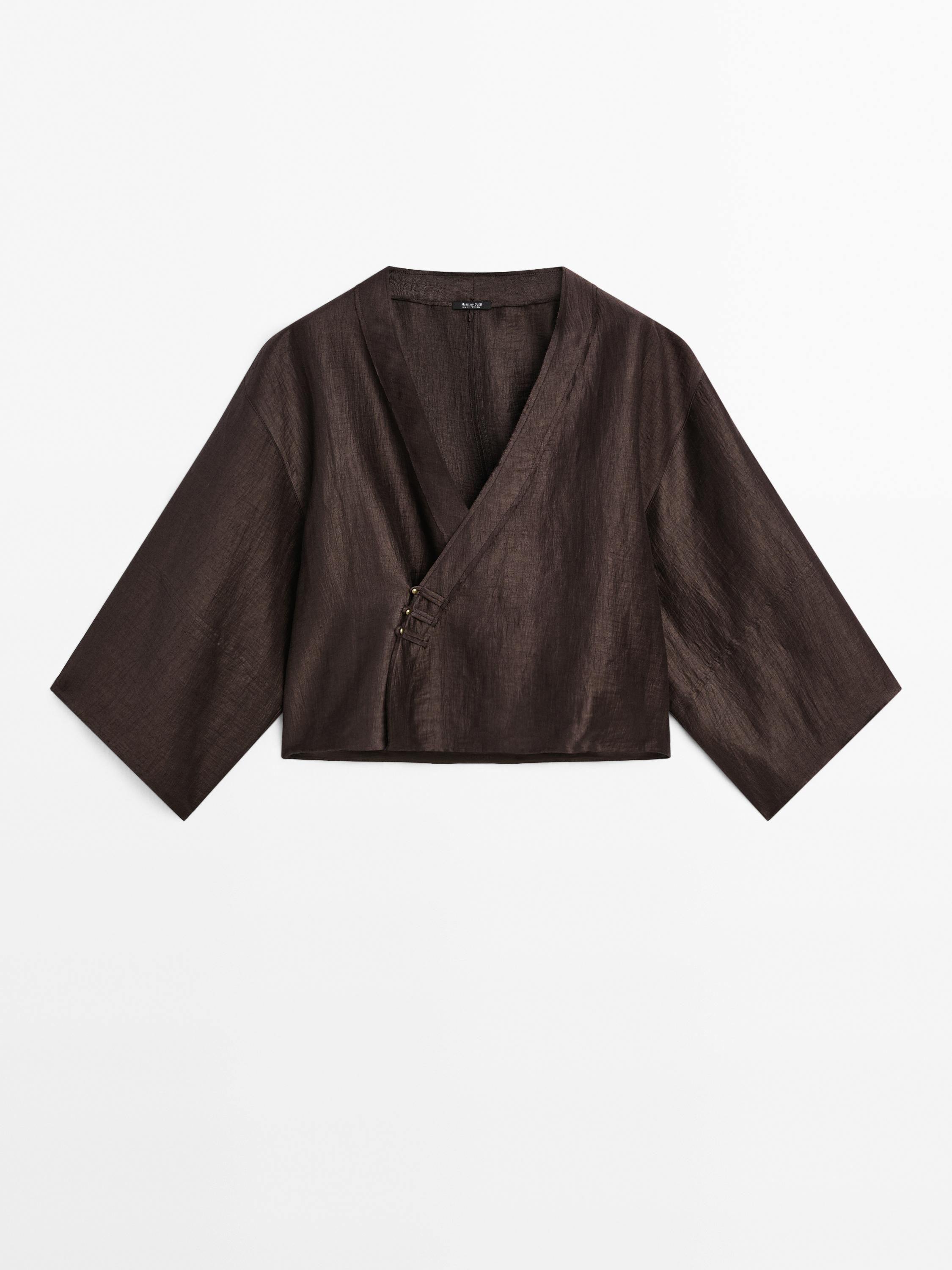 Linen blend crossover kimono