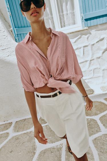 STRIPED SHIRT WITH KNOT - Red Stripe by Zara