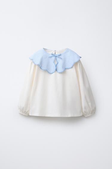 STRIPED COLLAR T-SHIRT - Light blue by Zara