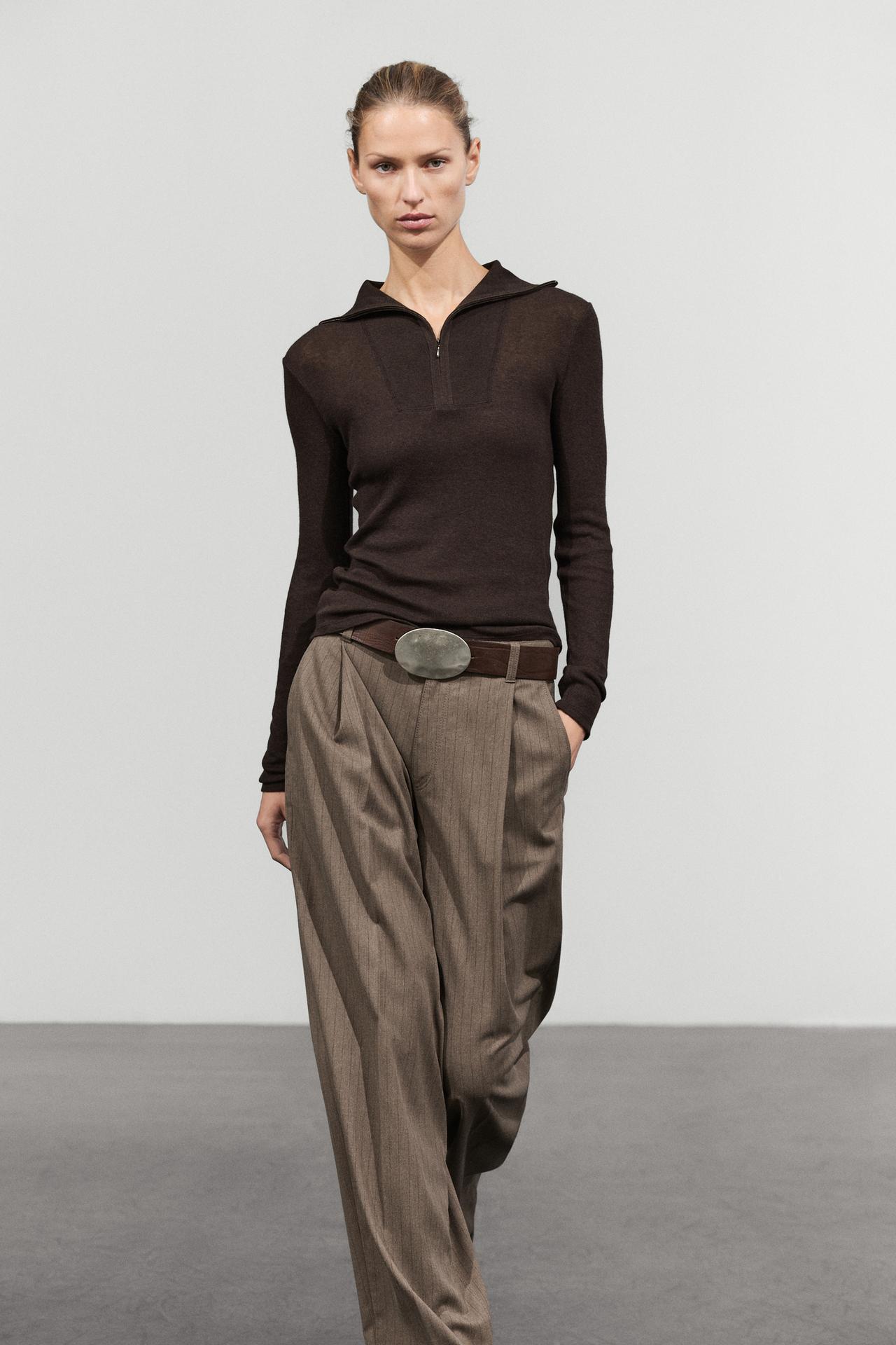 Cotton-blend quarter-zip long sleeve T-shirt — brown vigore