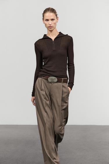 Cotton-blend quarter-zip long sleeve T-shirt — brown vigore 2