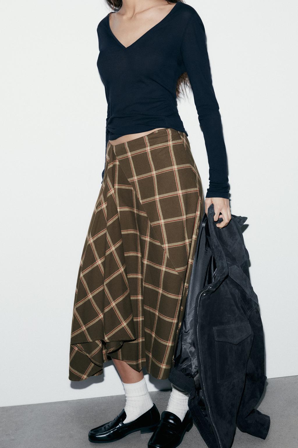 PLAID RUFFLED MIDI SKIRT