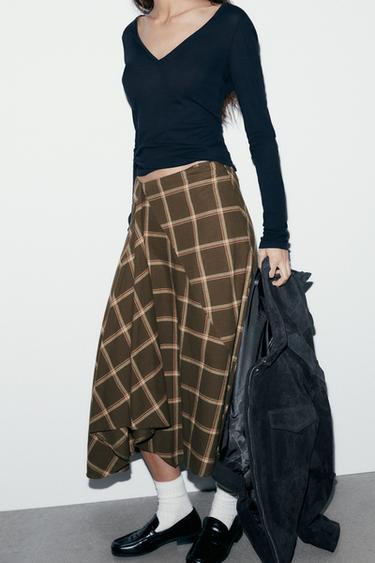 RUFFLE CHECK MIDI SKIRT - Khaki by Zara