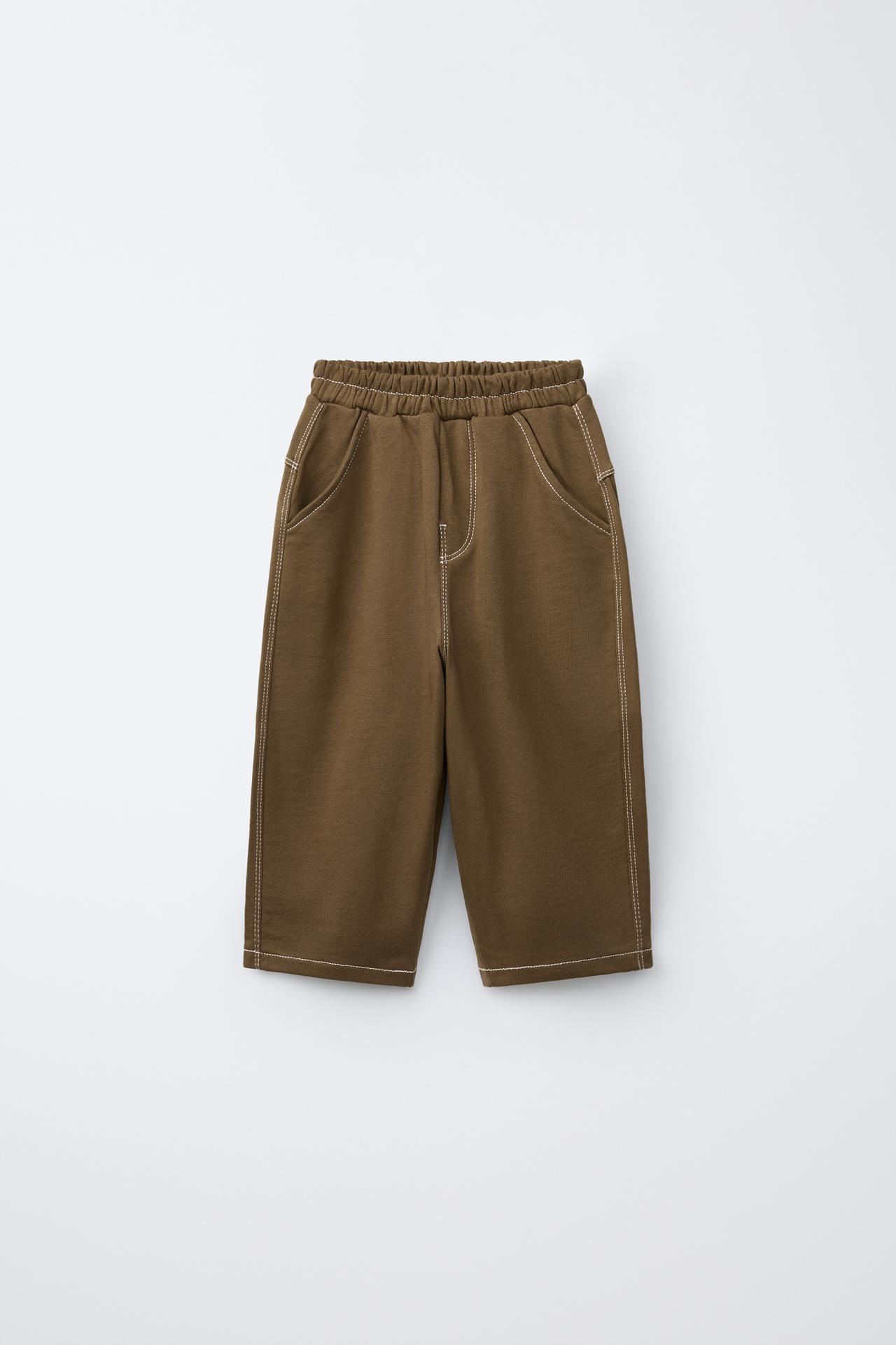 CONTRAST STITCHING FLEECE BAGGY PANTS — Mid-camel