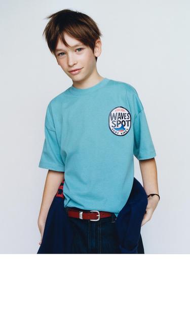 T-shirt coton imprimé, manches courtes - bleu foncé imprimé