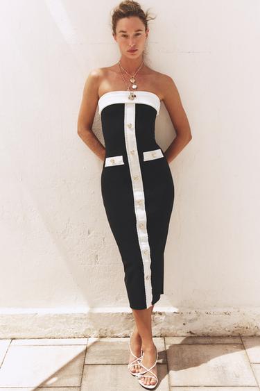 Zara CONTOURING STRETCH BANDEAU DRESS - Black / White