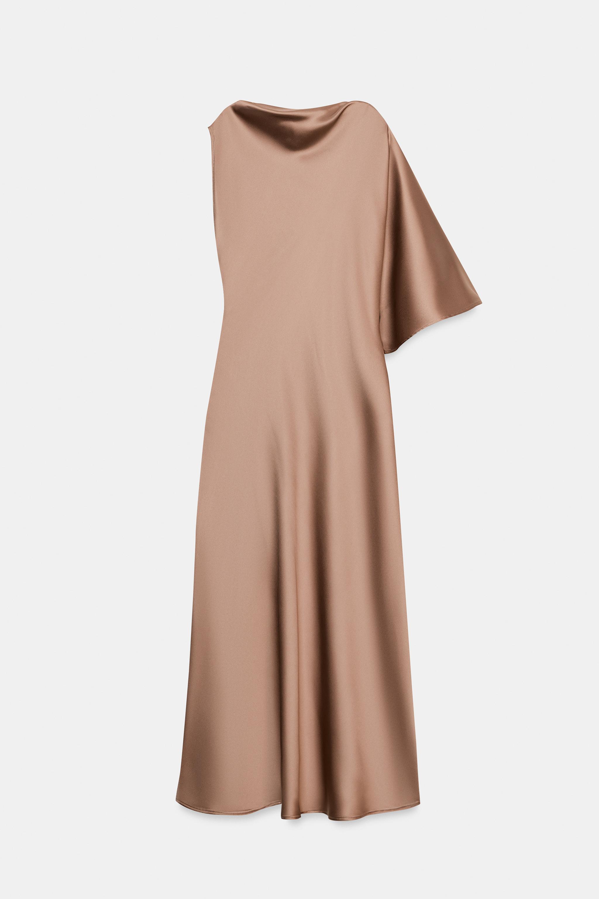ROBE MI-LONGUE SATINÉE MANCHE ASYMÉTRIQUE