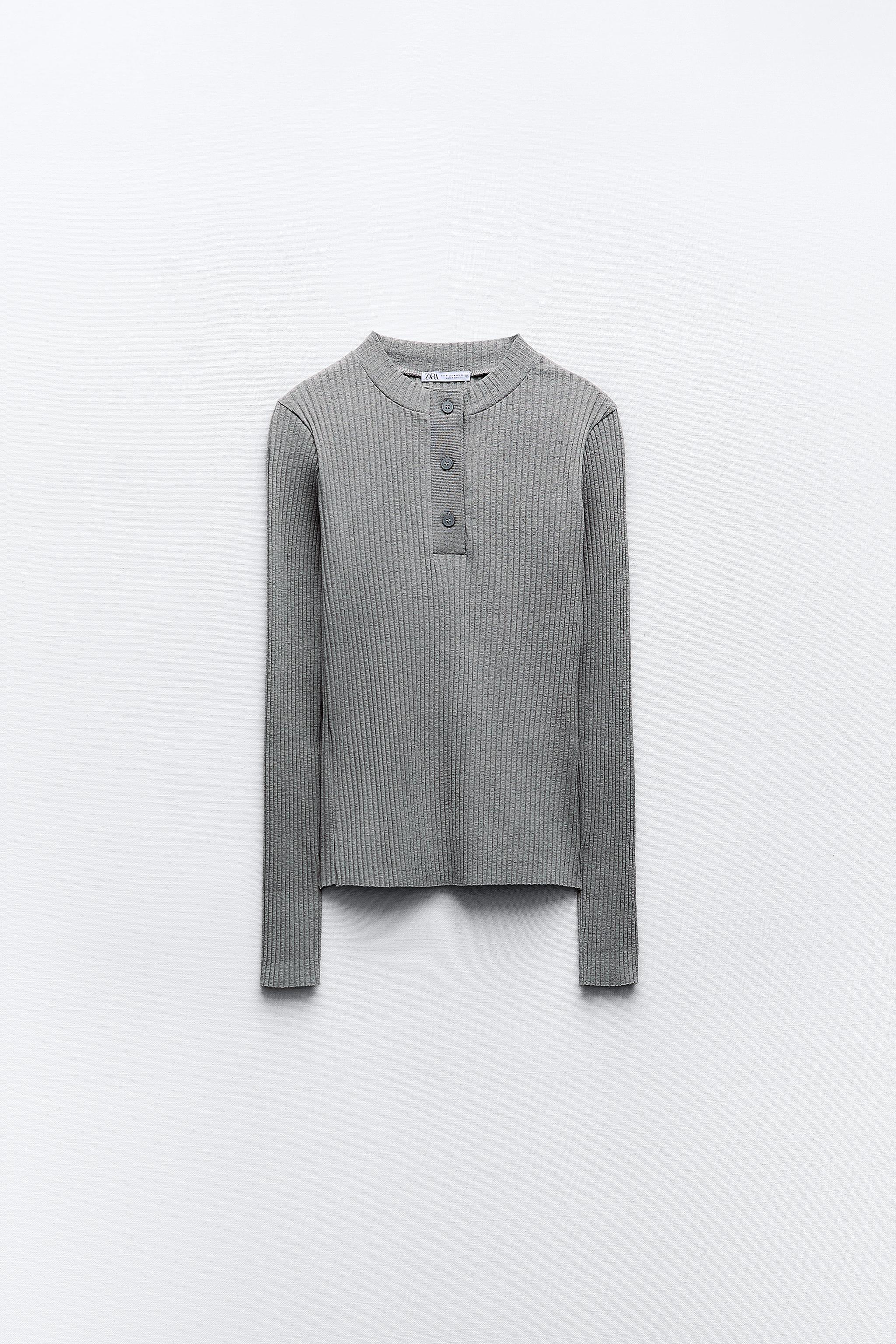 BUTTONED RIBBED TOP - Gray marl