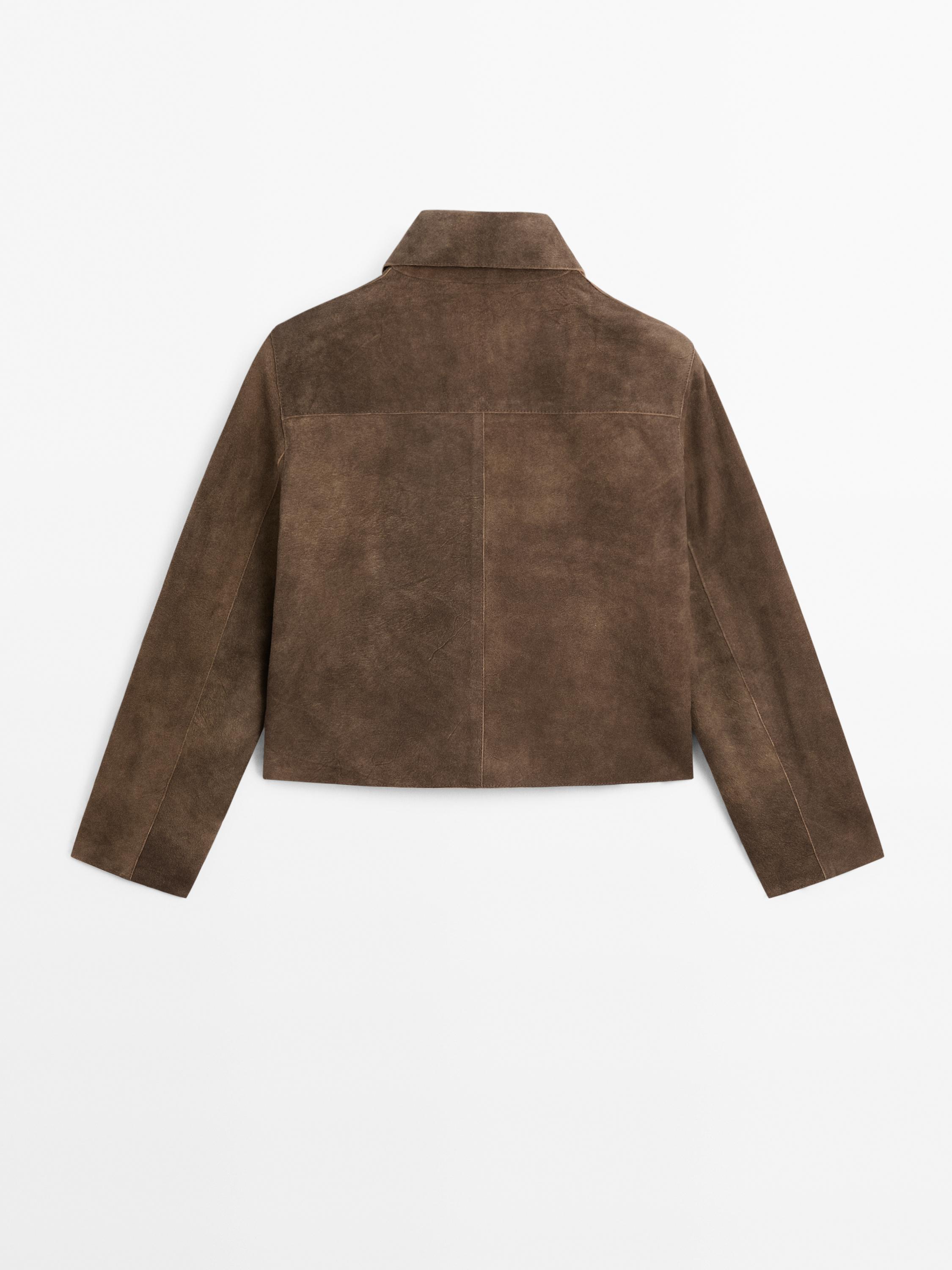 Short suede leather jacket with pocket details