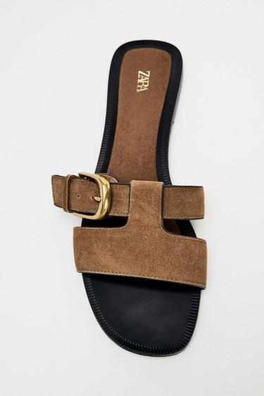 BUCKLED SPLIT SUEDE SANDALS - Dark tan by Zara