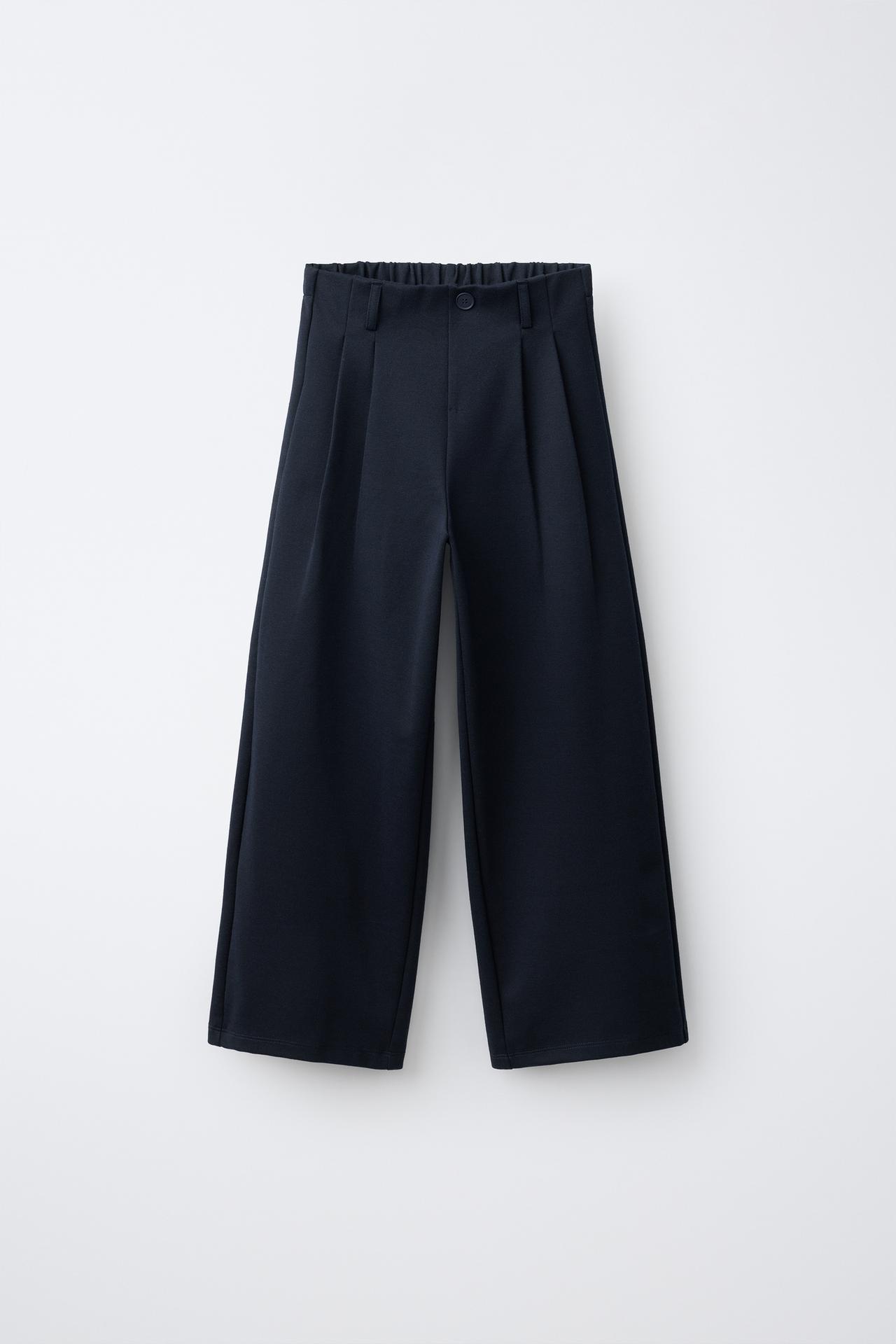 WIDE LEG PLEATED PANTS — Navy blue