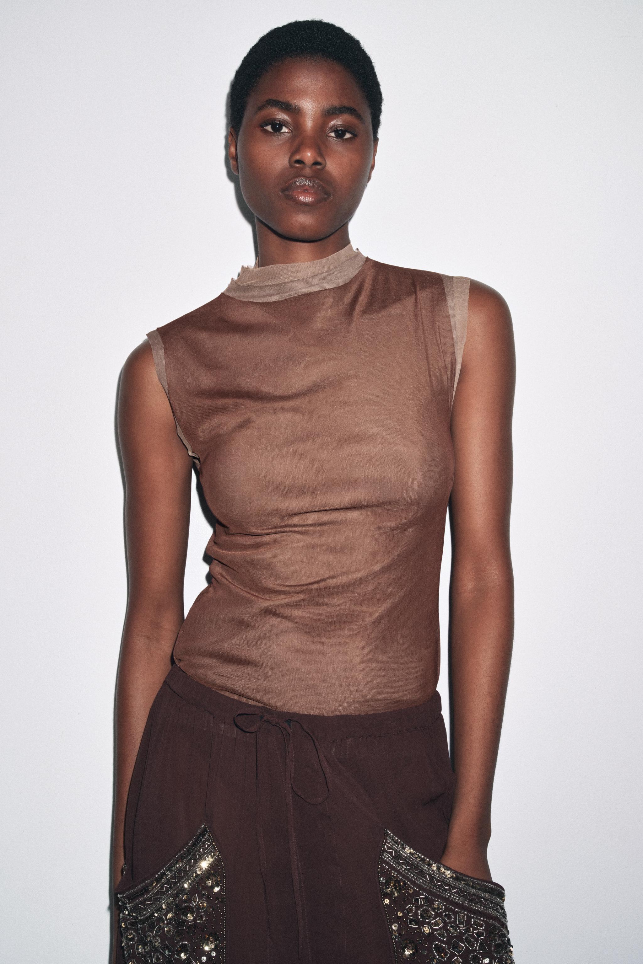 TULLE MOCK NECK T-SHIRT - Brown | ZARA United States