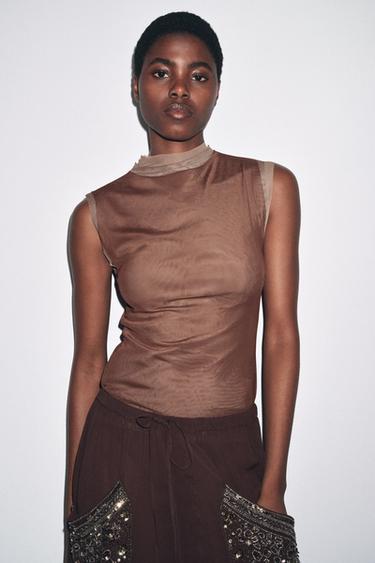 Zara TULLE MOCK NECK T-SHIRT - Brown