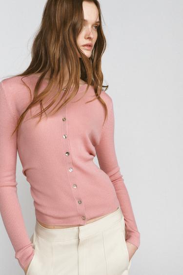 100% WOOL RIBBED CARDIGAN - Pink by Zara
