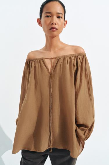 ZW COLLECTION LINEN BLEND BLOUSE - Toffee by Zara