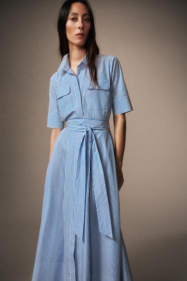 ZW COLLECTION STRIPED POPLIN DRESS WITH BELT - Blue by Zara