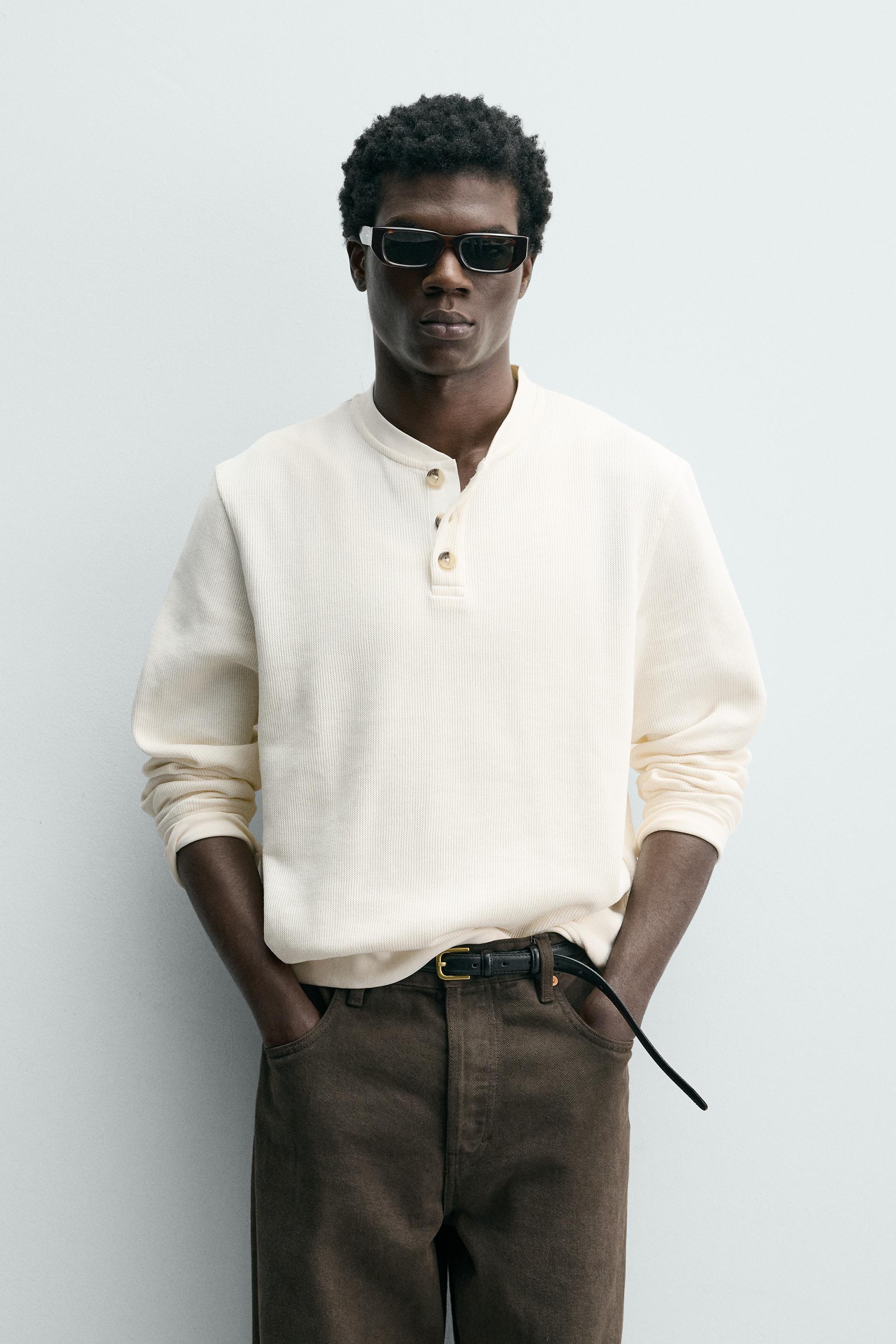 TEXTURED HENLEY NECK T-SHIRT - Light beige | ZARA South Africa
