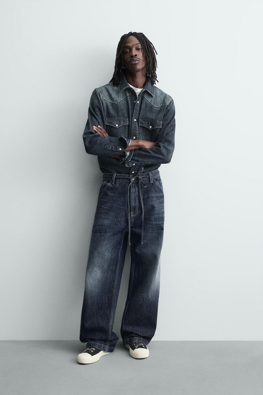 zara バギー デニム メンズ バギーワイドフィットデニムパンツ 