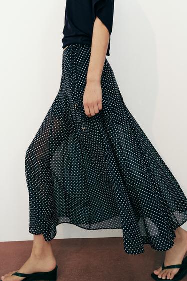 Zara POLKA DOT MIDI SKIRT - Navy / White