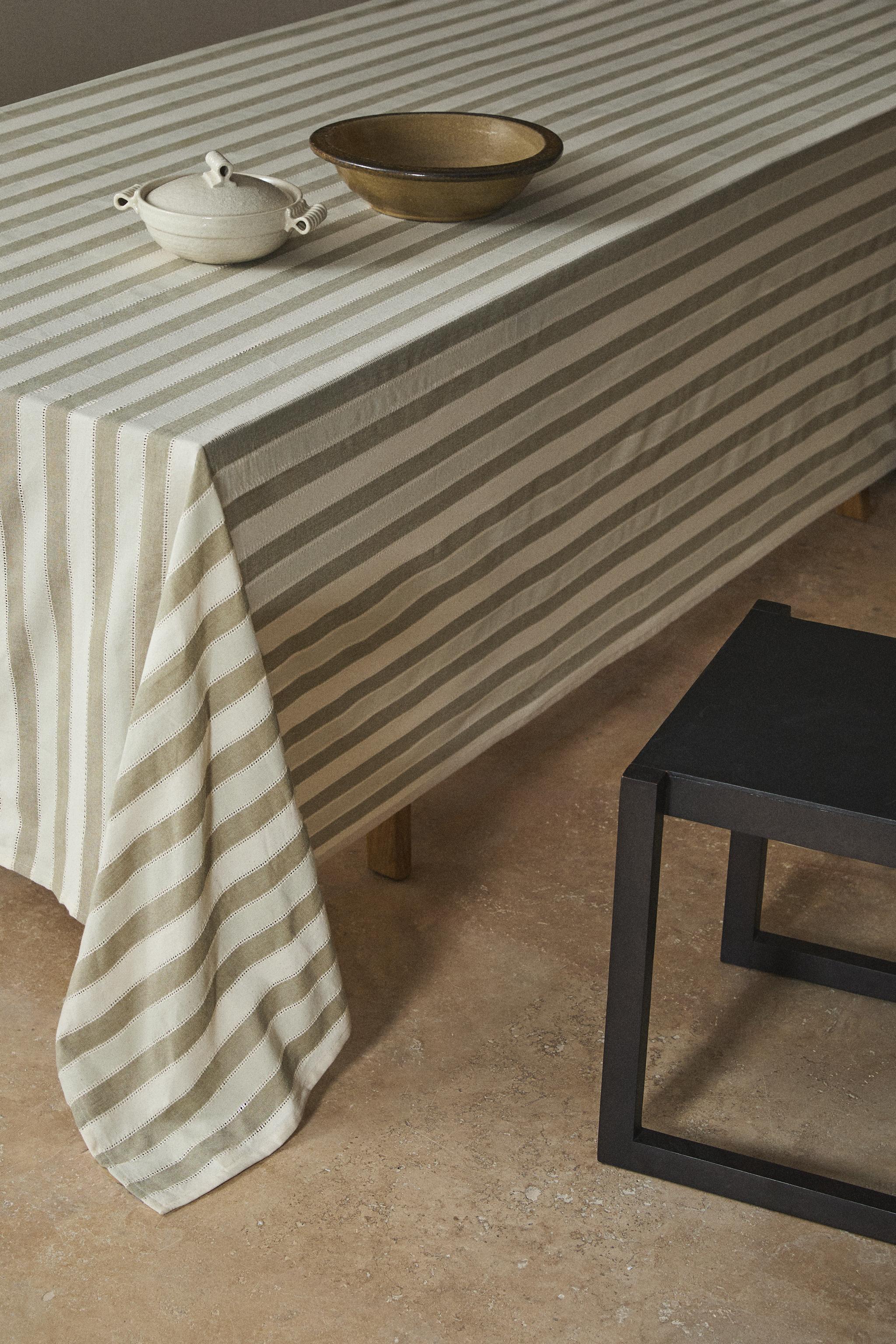 STRIPED TABLECLOTH WITH LACE INSERTS