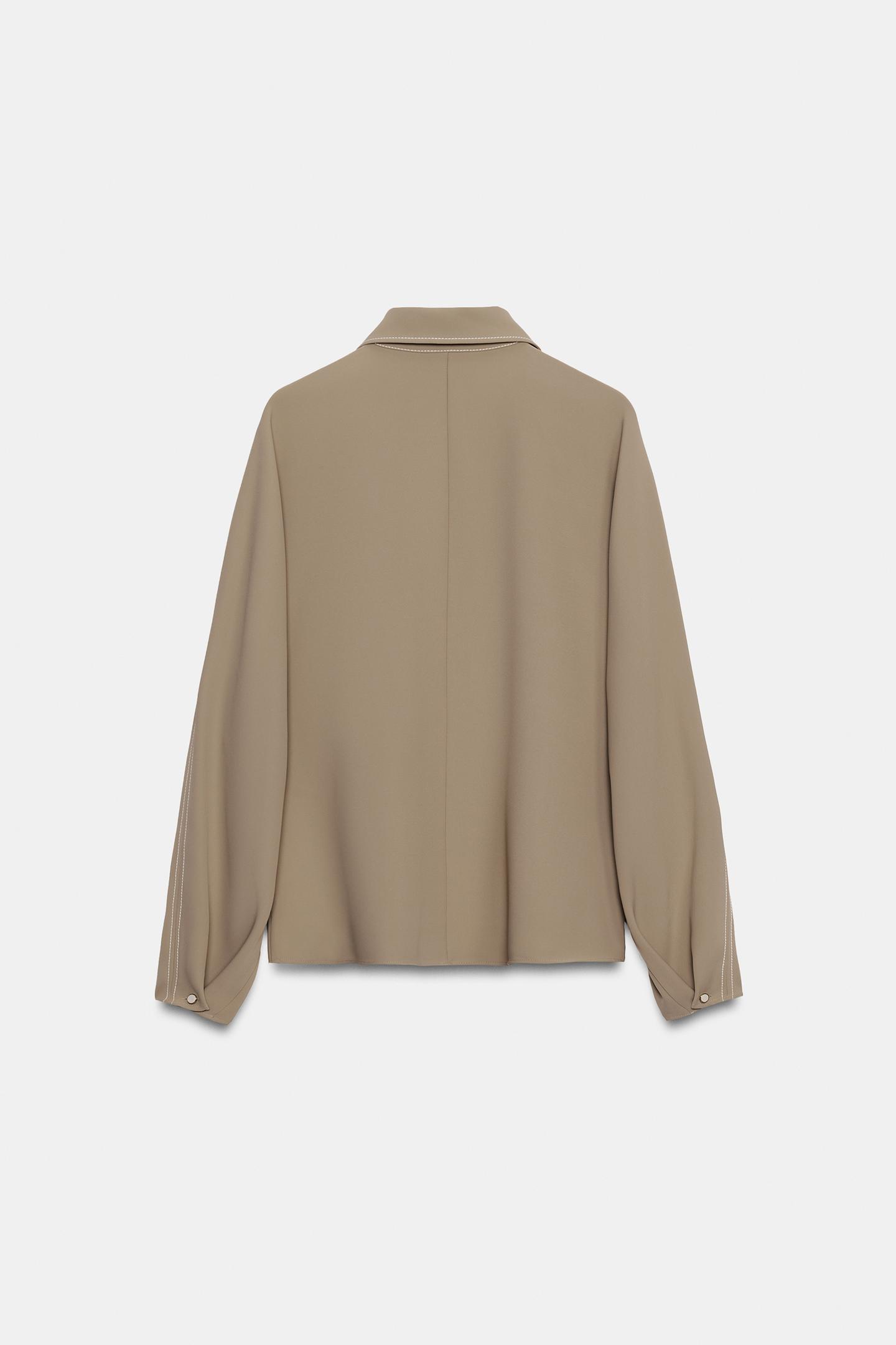 Женская рубашка Zara Contrast Topstitching, цвет: Коричневый / Серо-коричневый — фото 6