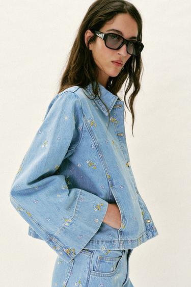 BLOUSON Z1975 EN DENIM À FLEURS BRODÉES - Bleu moyen de Zara - Image 2
