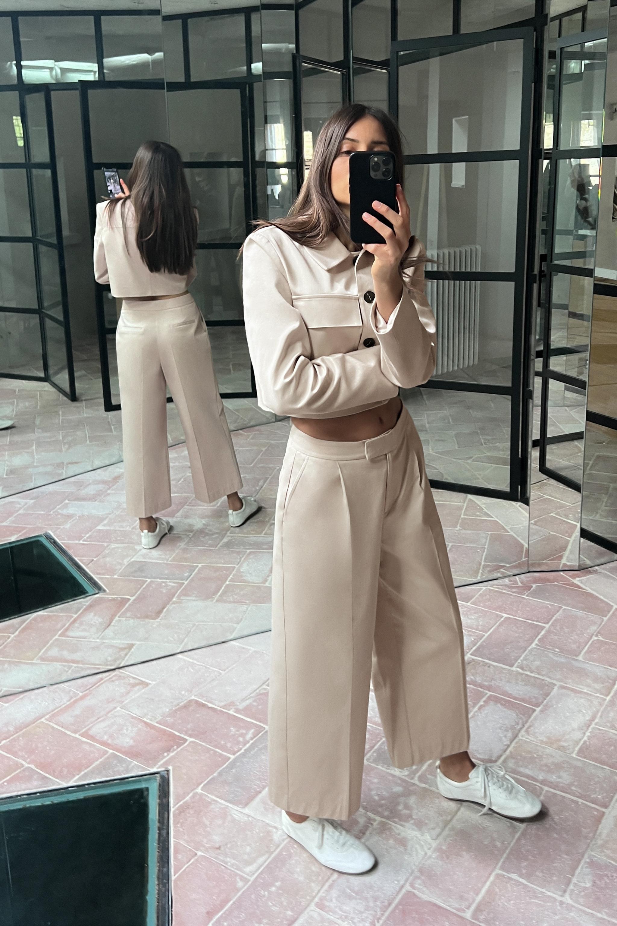 HIGH WAIST WIDE TROUSERS - Sand