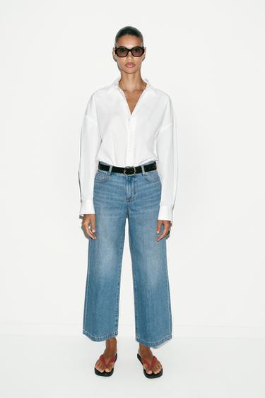 Zaras JEANS Z1975 WIDE LEG CROPPED MED SKÄRP - Blå medel