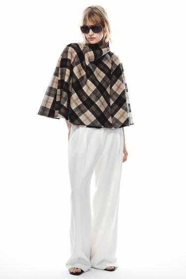 Zara WOOL BLEND PLAID CAPE ZW COLLECTION - Ecru / Beige