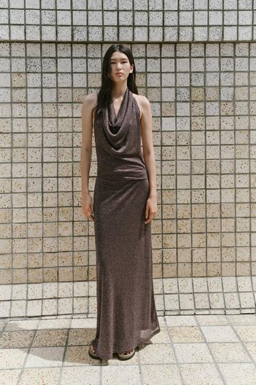 METALLIC THREAD OPEN BACK MAXI DRESS - Bronze by Zara