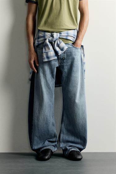 Zara LOOSE BALLOON FIT JEANS WITH CONTRASTING BANDS - Mid-blue