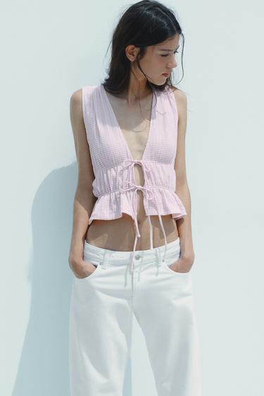 Zara GINGHAM TIE TOP - Pink / White
