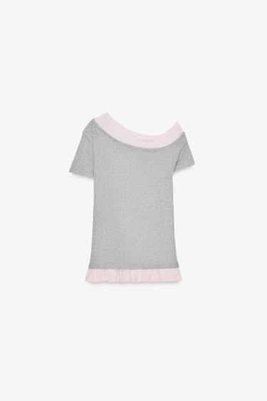 T-SHIRT DOUBLE ASYMÉTRIQUE - Gris chiné de Zara - Image 3