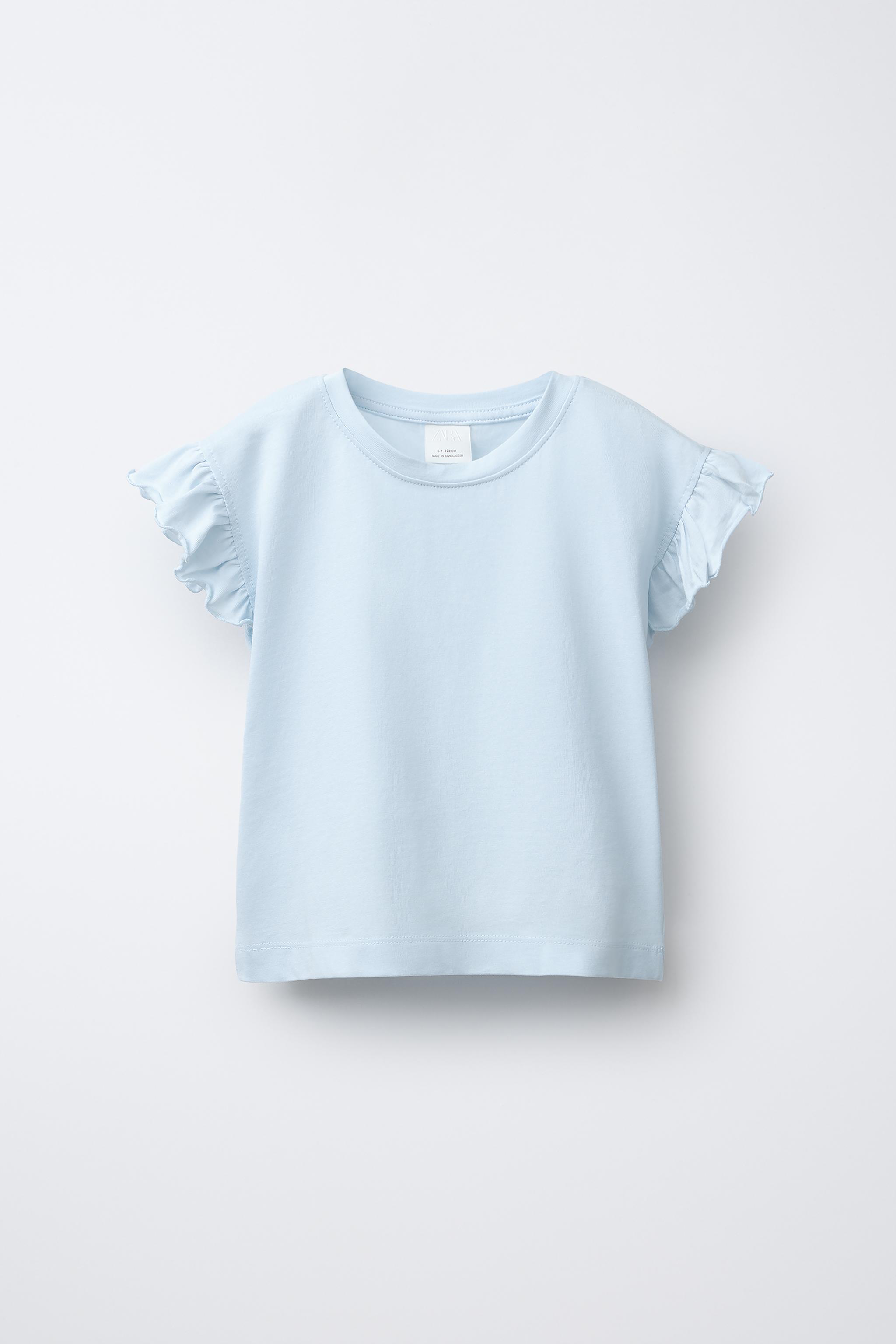 Women's Ruffle Short Sleeve T-Shirt - Solid Color Round Neck Top, Soft Cotton (White, Medium)
