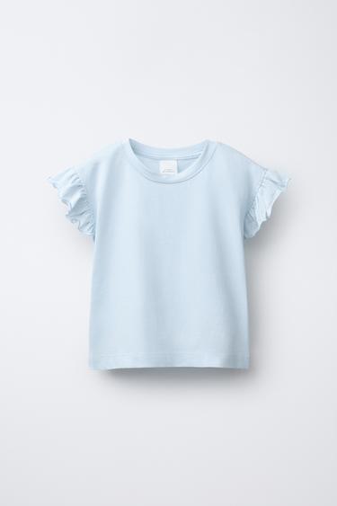 PLAIN T-SHIRT WITH RUFFLES - Blue by Zara