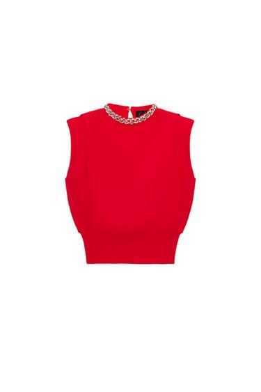 JEWEL-NECK TOP WITH SHOULDER PADS - Red by Zara