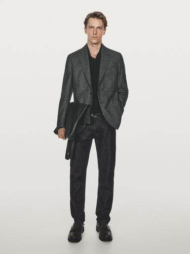 Zara Textured check wool blend blazer - Gray