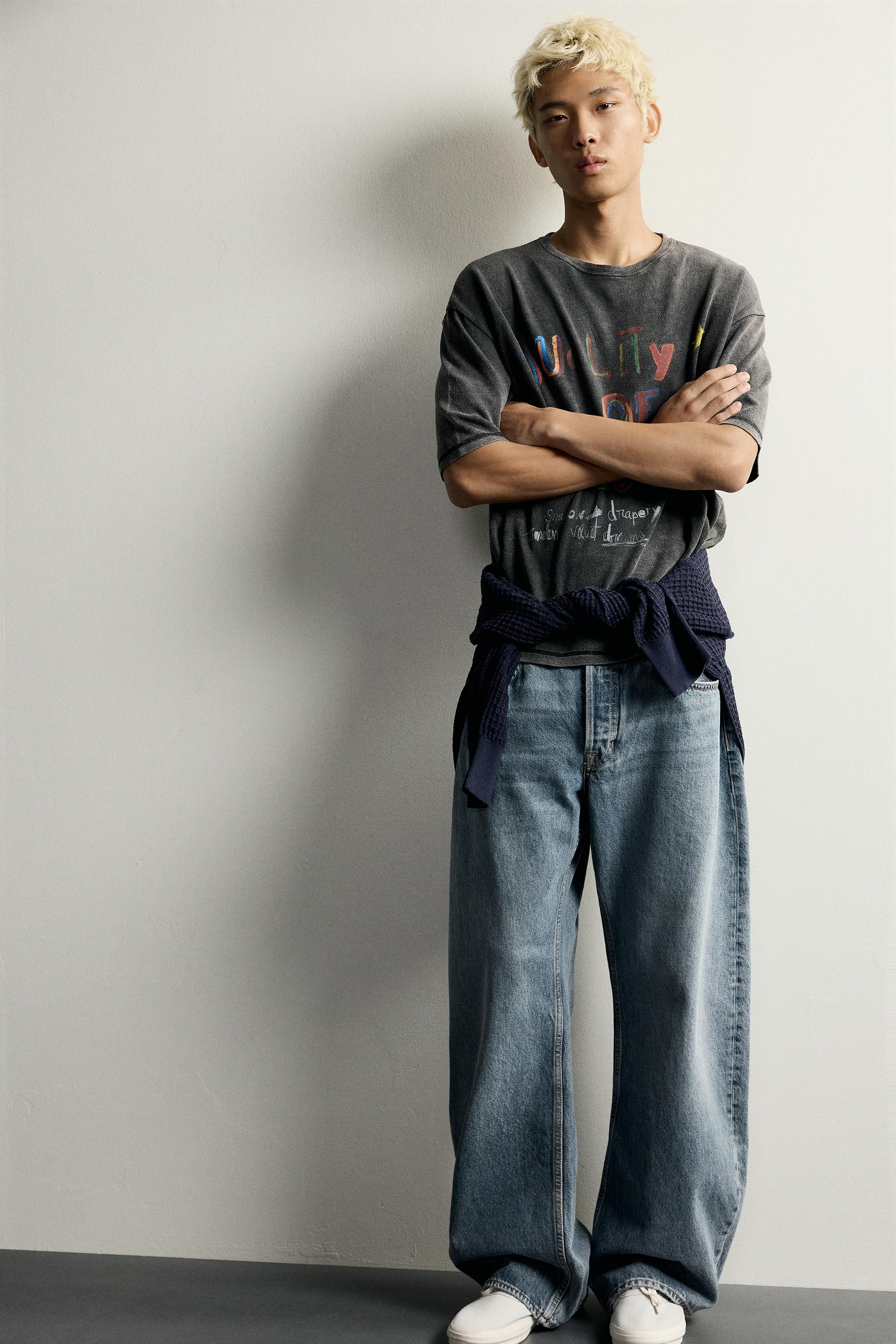 WASHED PRINTED KNIT T-SHIRT — Faded black
