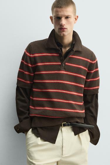 POLO EN MAILLE JACQUARD À RAYURES - Marron de Zara - Image 5
