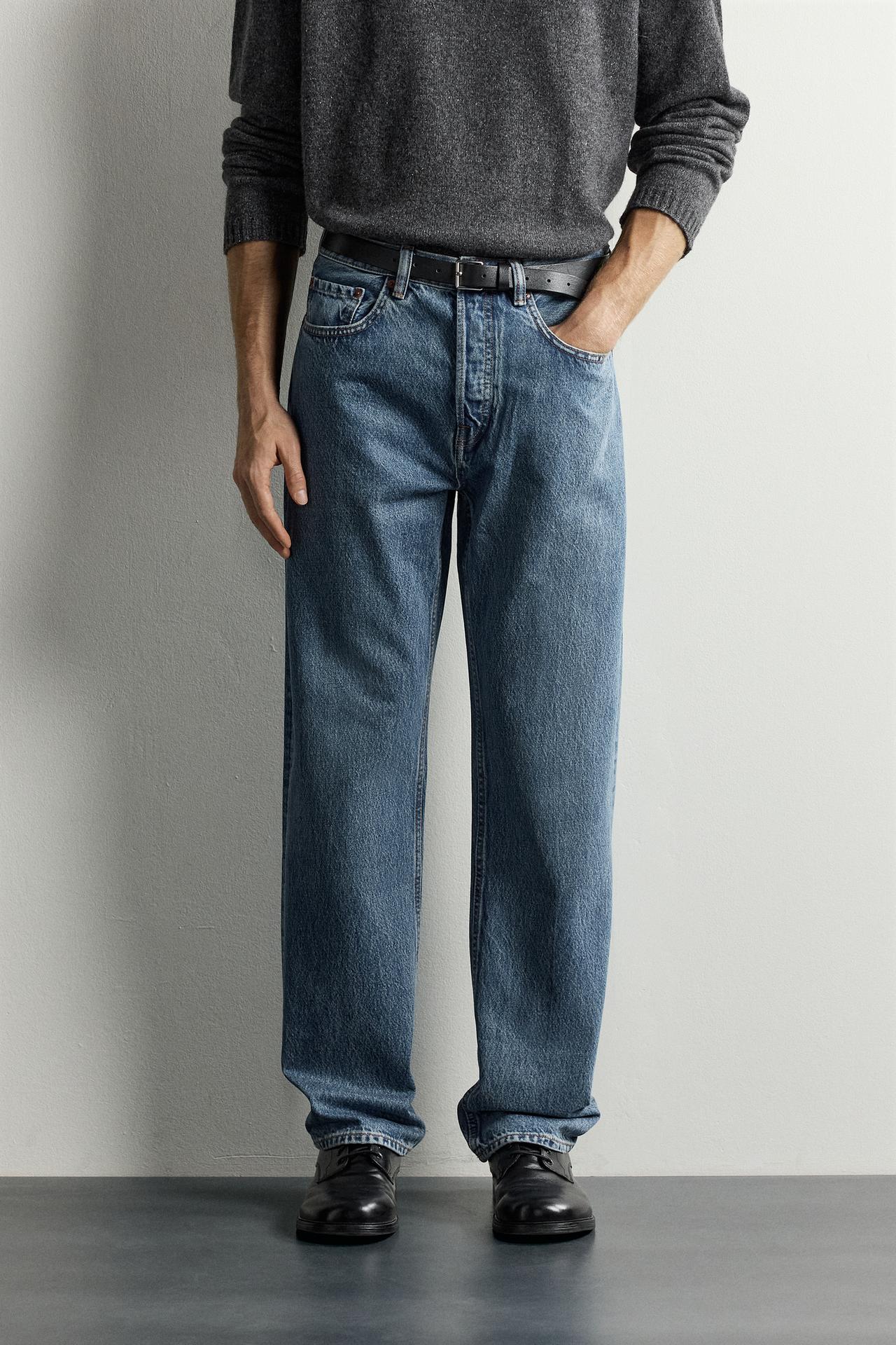 STRAIGHT-FIT LONG-LENGTH JEANS — Mid-blue