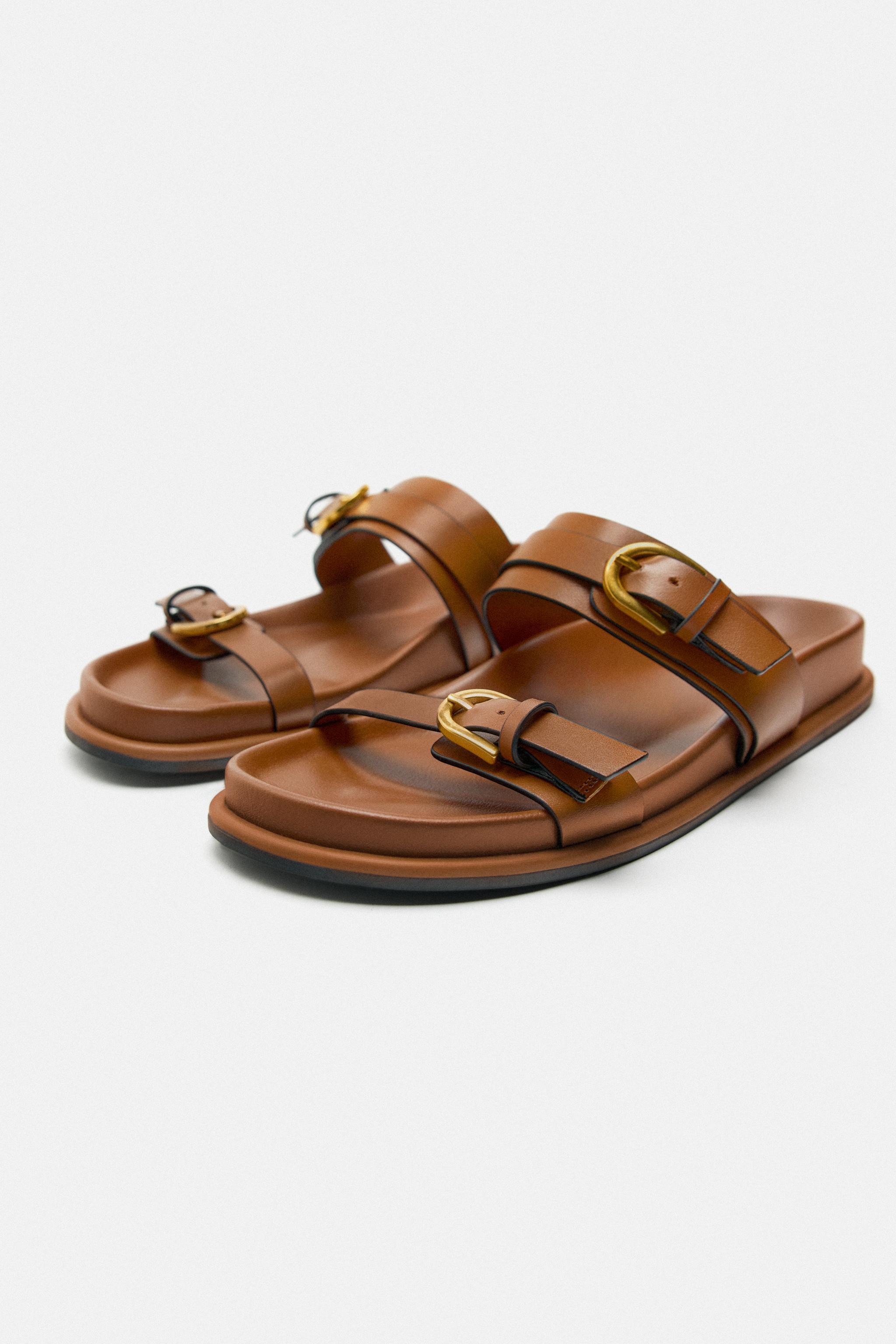 BUCKLED FLAT SLIDER SANDALS - Brown | ZARA India