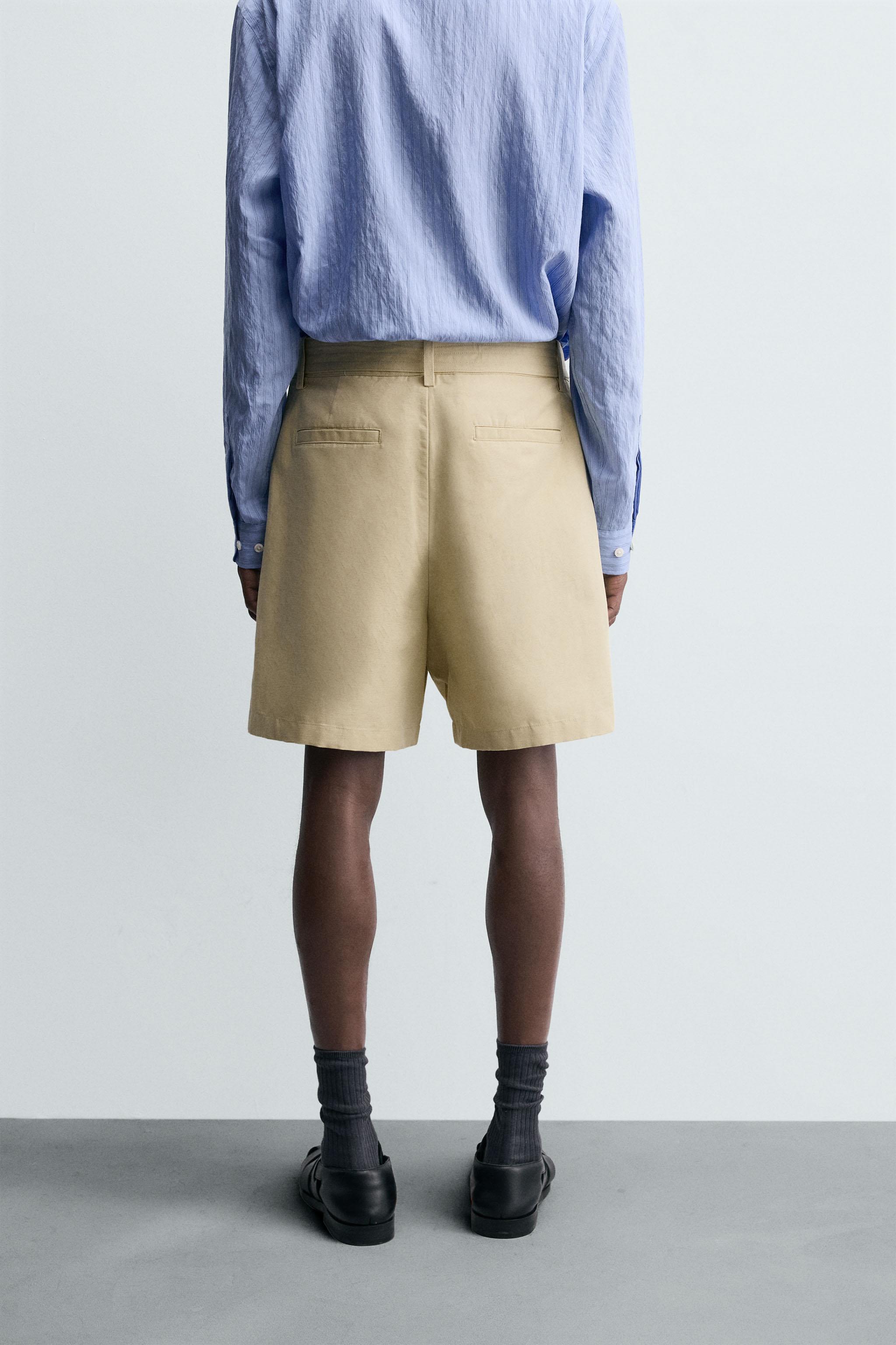 DT♪ RECINTO ベルト付きリネンバミューダパンツ 関税込 コットン/リネン ベルト付きバミューダパンツ - バター | ZARA