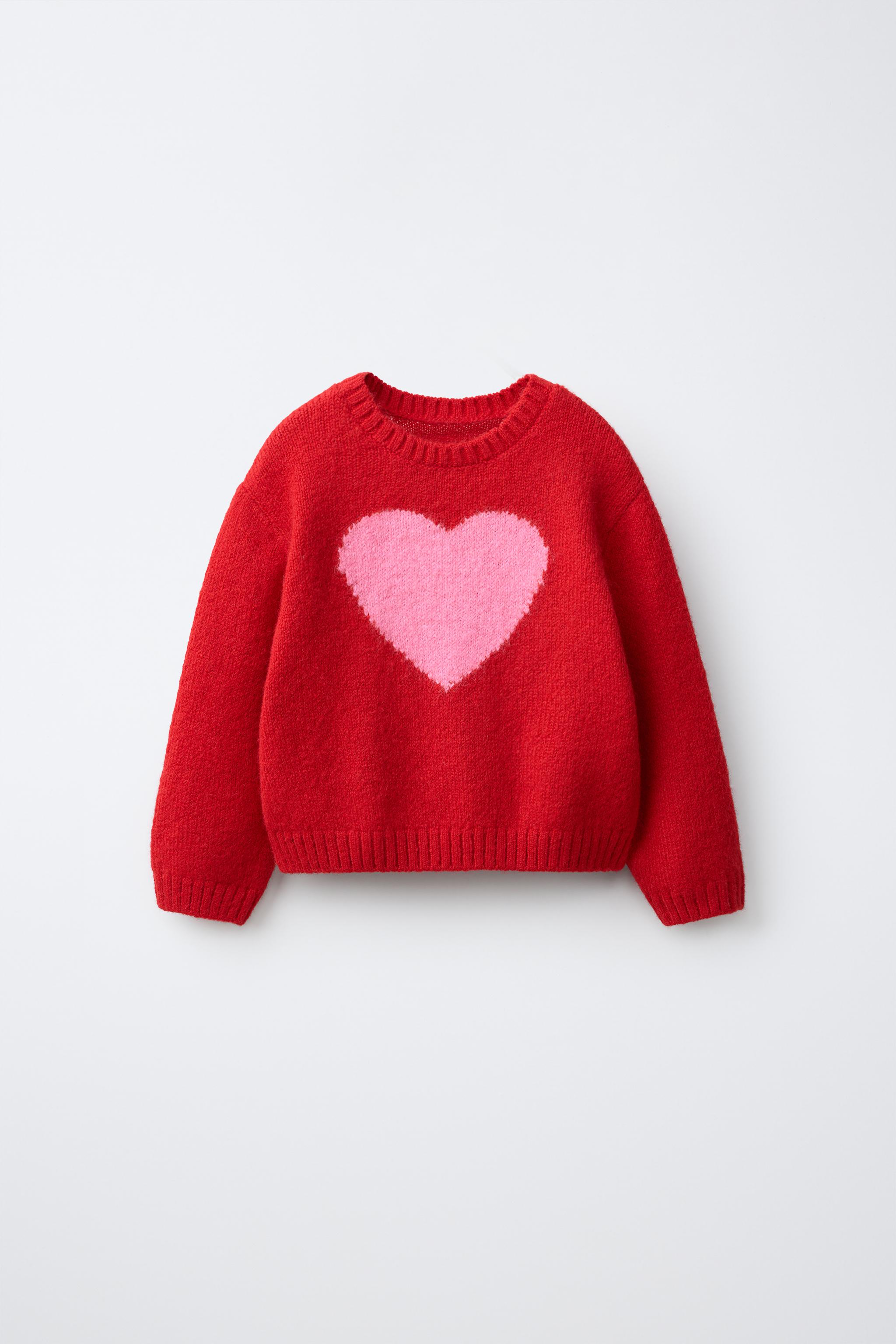 HEART PRINT KNIT SWEATER — Red