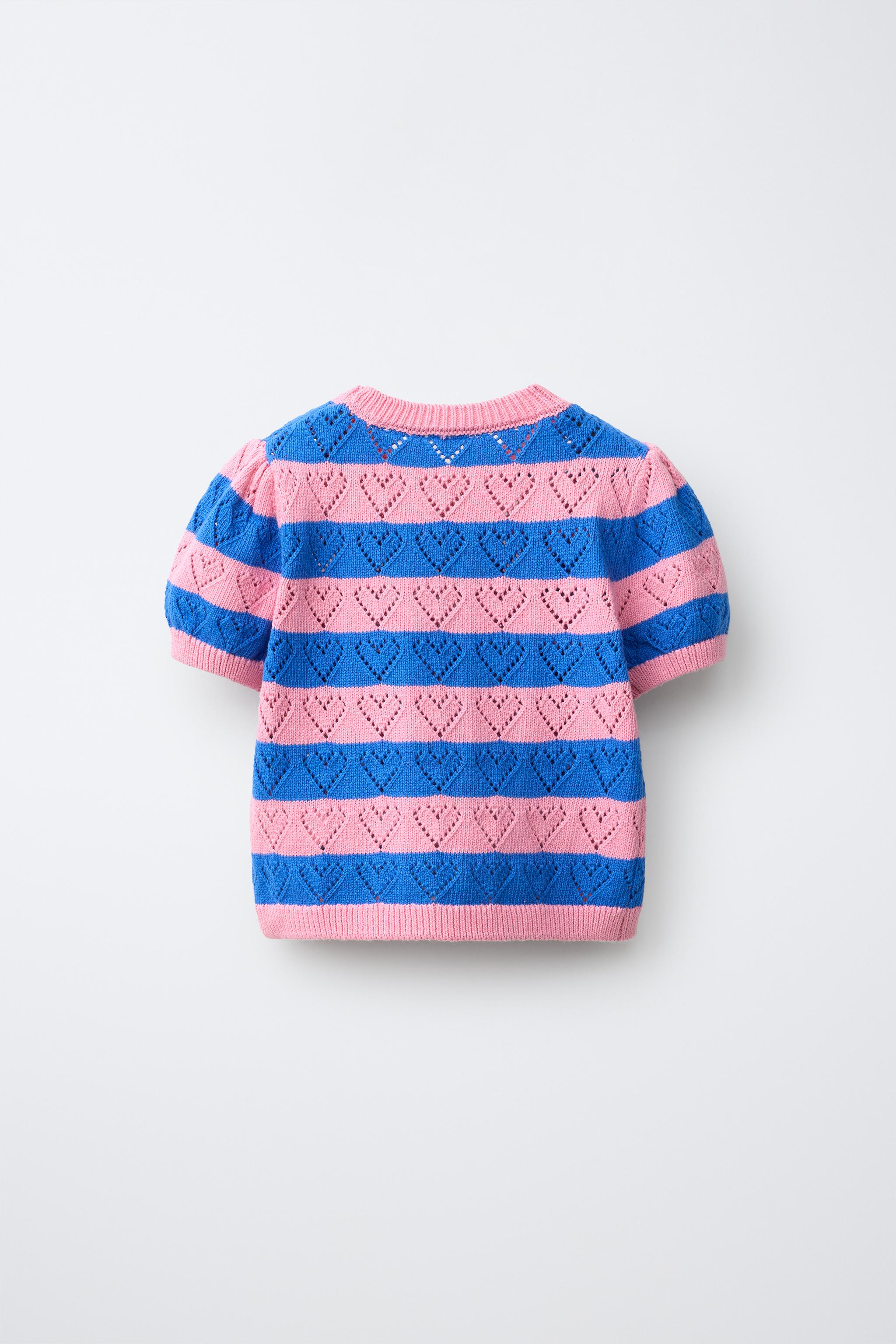 STRIPED HEART KNIT T-SHIRT — Pink