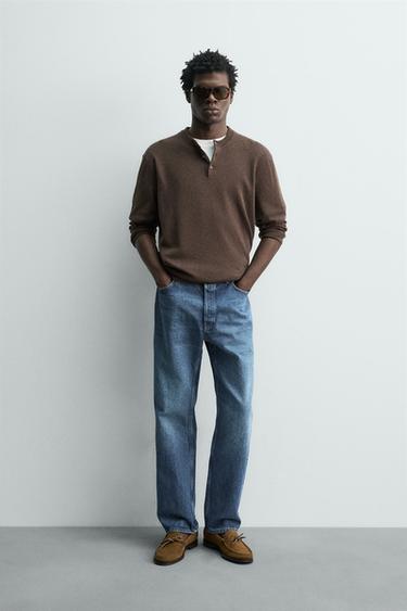 COTTON BLEND HENLEY NECK JUMPER - Chocolate by Zara