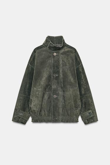 GIUBBOTTO IN PELLE SCAMOSCIATA 100% - Verde scuro di Zara