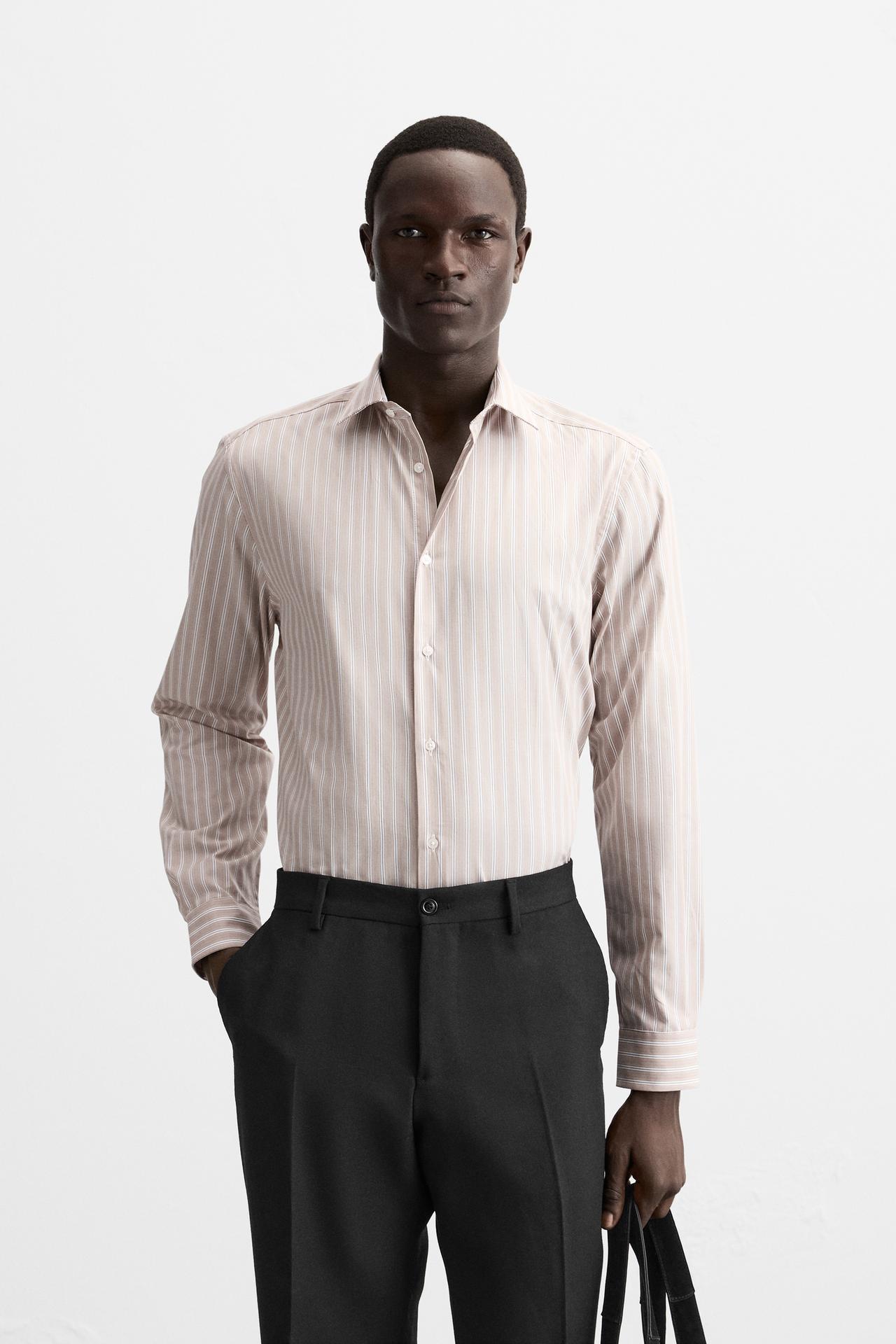 Zara STRIPED SHIRT - Beige-brown