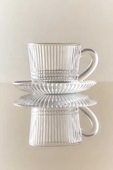 幾何学模様レリーフ ガラス コーヒーカップ＆ソーサークリアZaraの幾何学模様レリーフ ガラス コーヒーカップ＆ソーサー - クリア 
