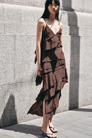Zara ZW COLLECTION 荷葉邊洋裝 - 棕色
